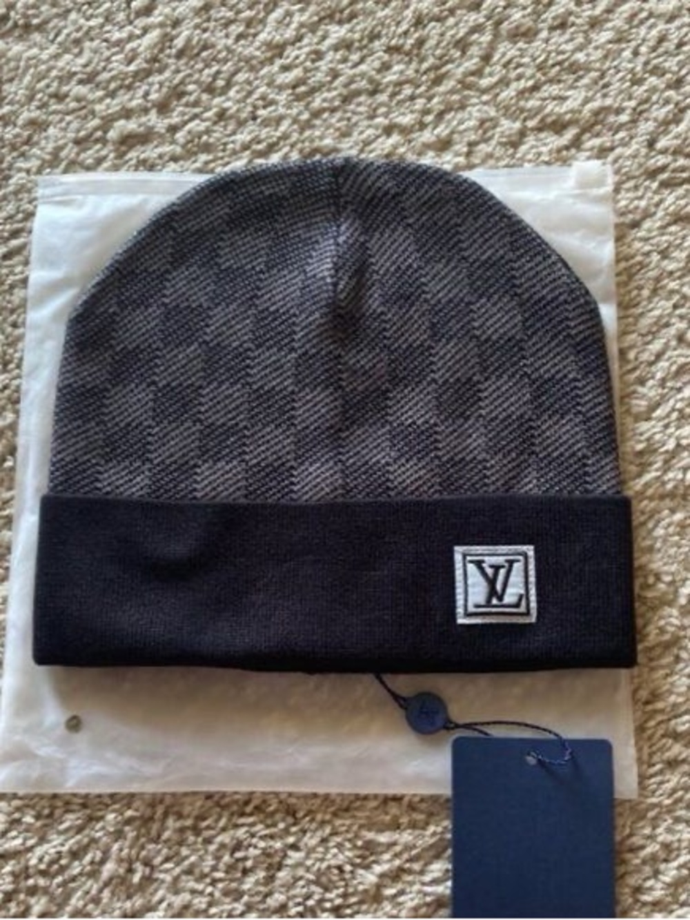 Louis Vuitton dark Gray Check Knit Beanie with Logo Patch
